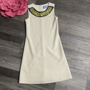 VERA WANG LAVENDER LABEL Sz 4 Ivory Jeweled Neckline 100% Wool Shift Dress Mini